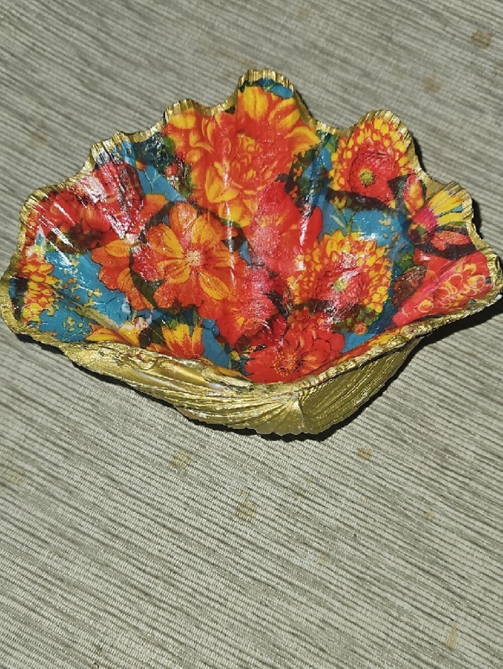 Sea Shell Trinket Dish - Hand Painted W/ Decopaged Floral Design.  Fall Colors